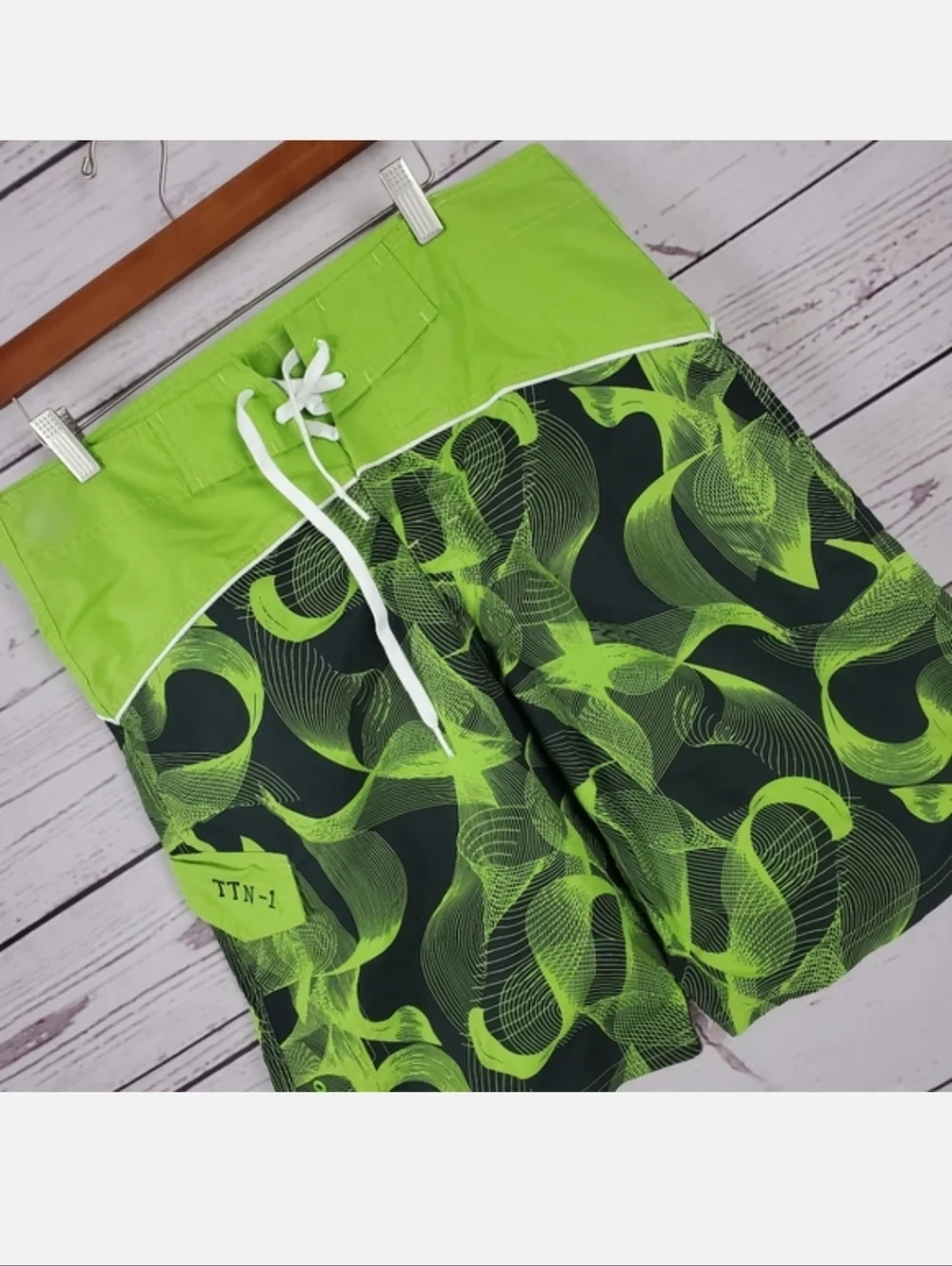 Neon Green Wave Pattern Men's Swim Trunks - Picture 3 of 5